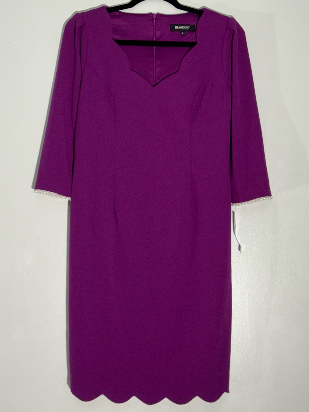 NEW Glamour Scalloped Hem Sheath Dress Purple 3/4 Sleeve Cocktail Office 8